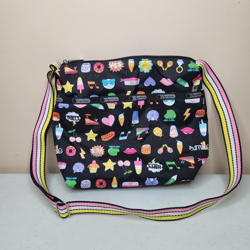LeSportsac Multicolor Food Print Crossbody Bag Black Pink Adjustable Strap